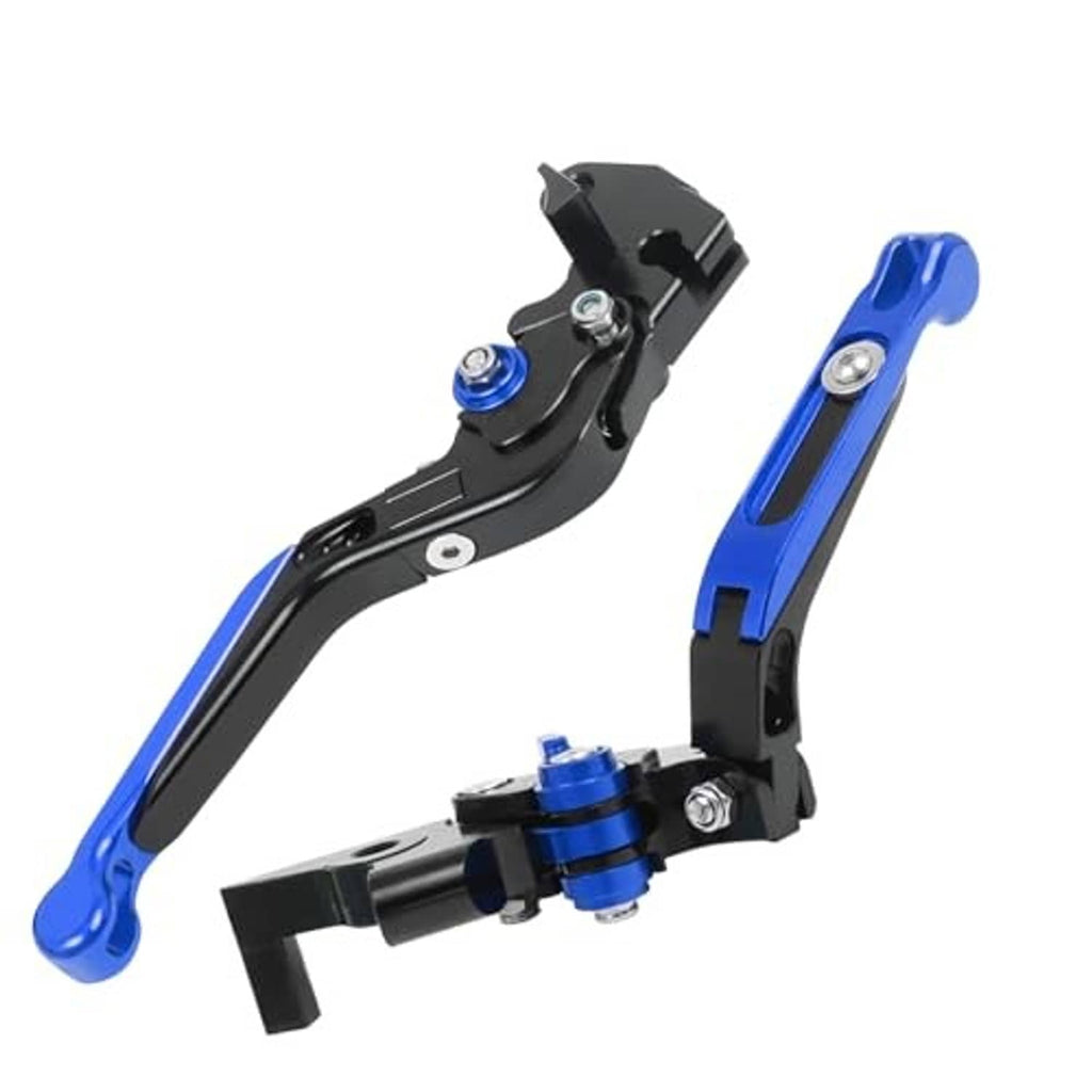 Pair of brake and clutch levers, black with blue accents and blue pivot blocks