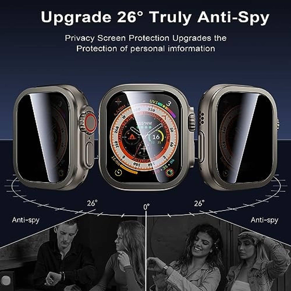 Privacy screen and case protector for Apple Watch Ultra, dark covered watch views