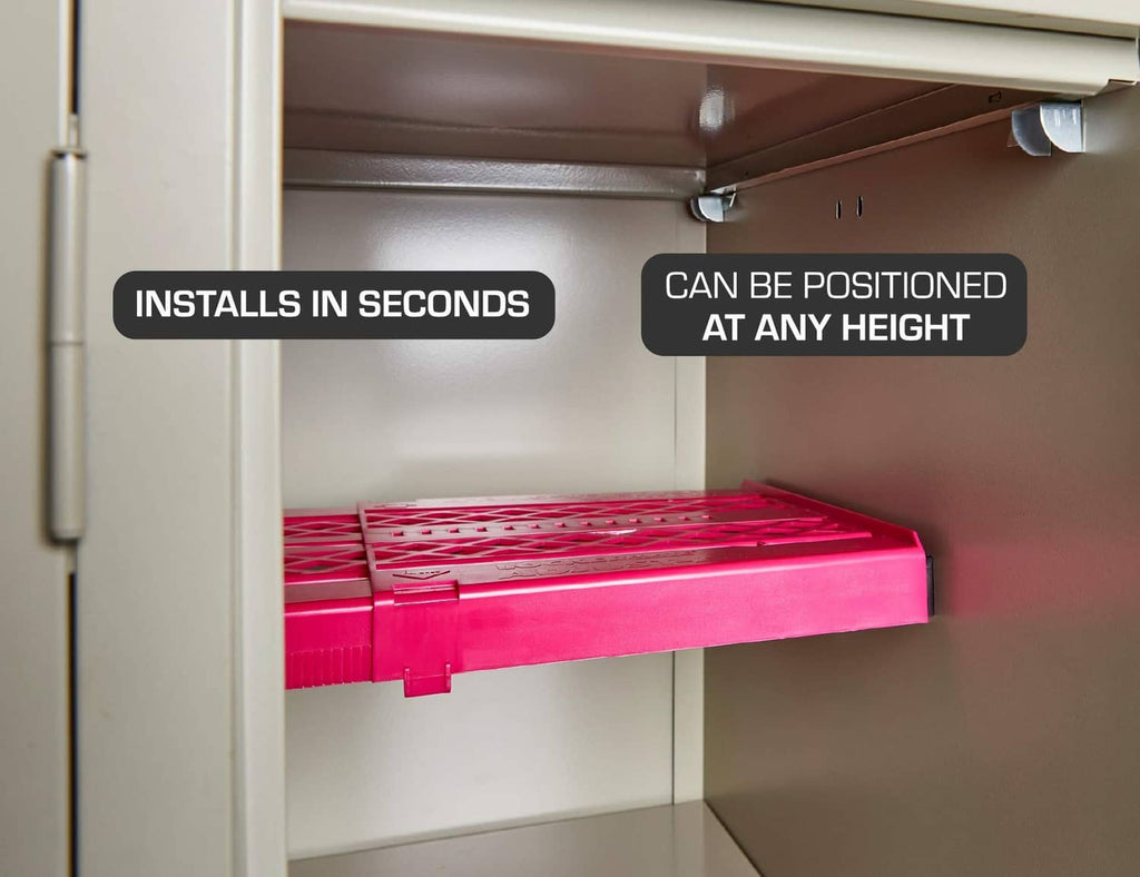 Pink locker shelf installed inside locker, positioned for flexible height storage