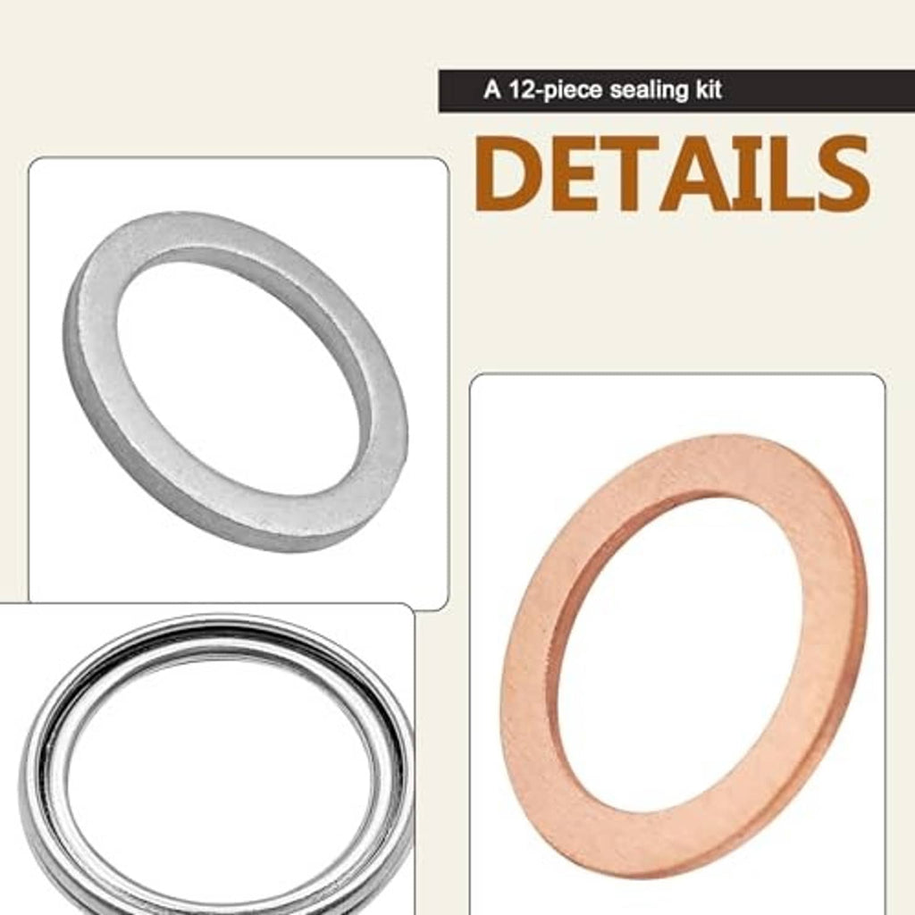 Drain plug crush washer gasket, grey and copper ring seals, close-up