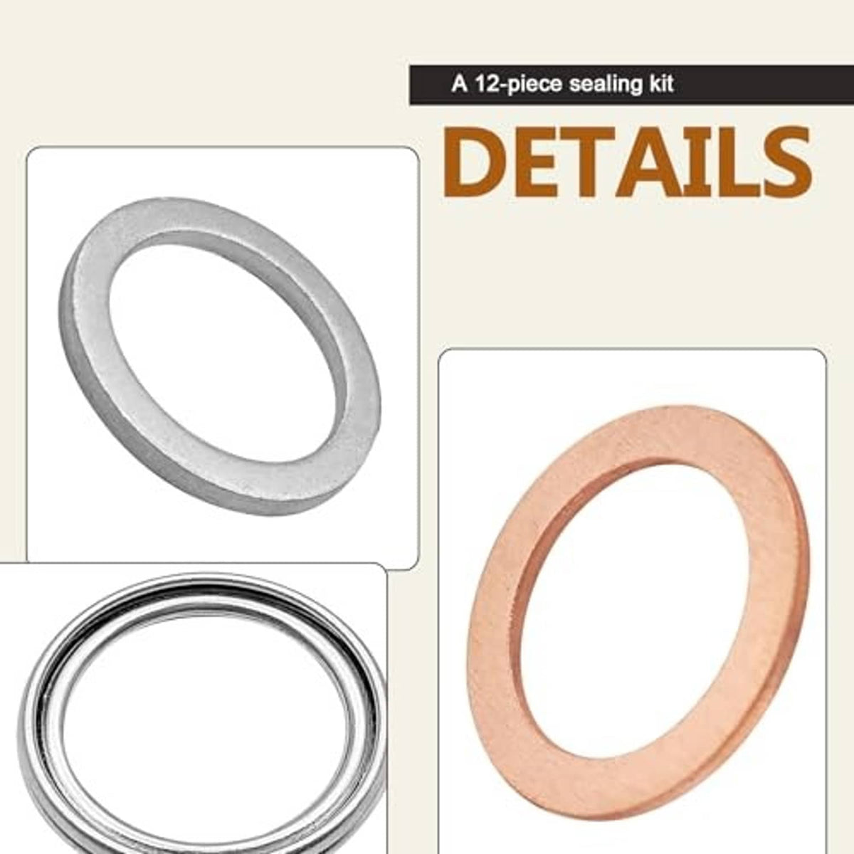 Drain plug crush washer gasket, grey and copper ring seals, close-up