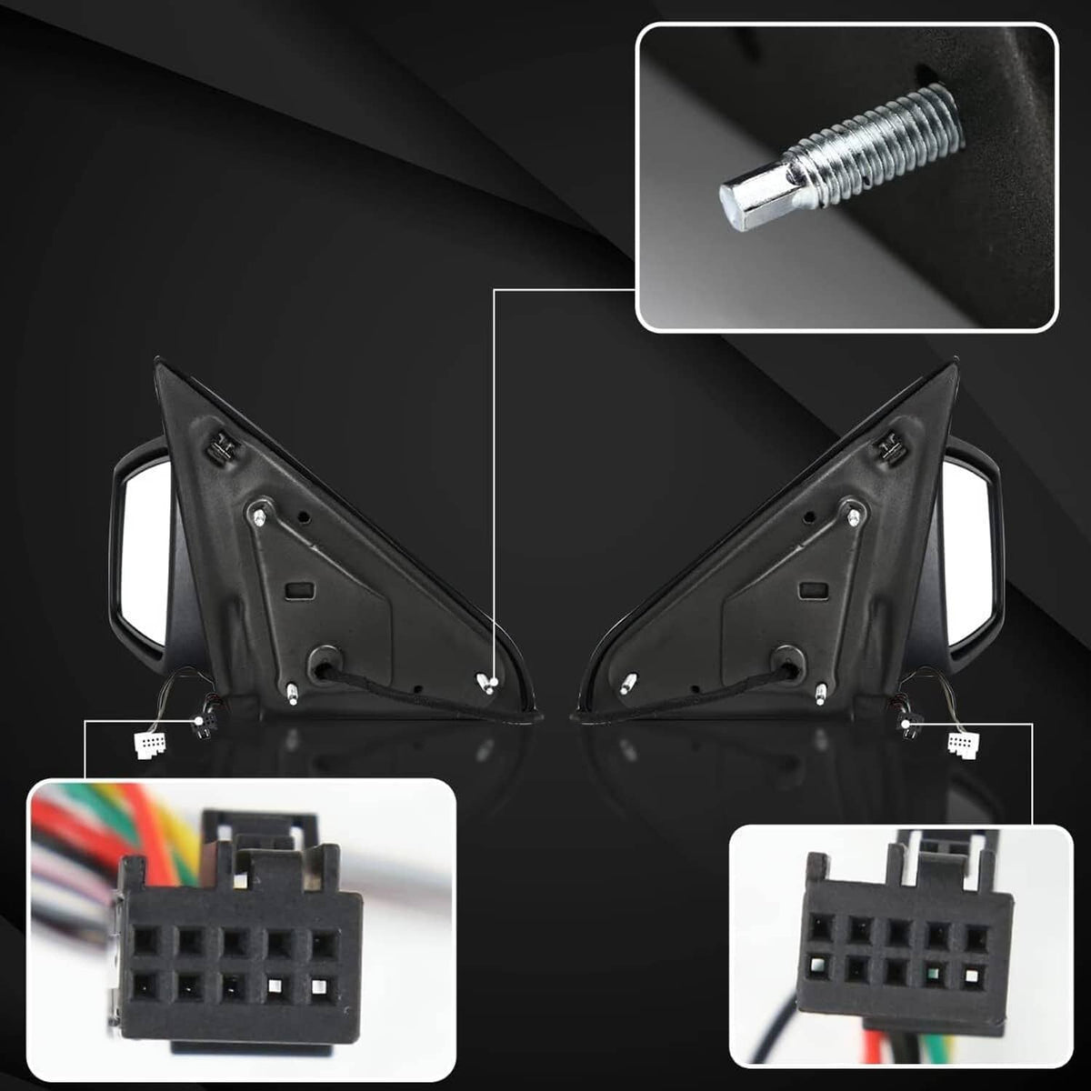 Power fold heated left side mirror harness with connectors and mounting hardware