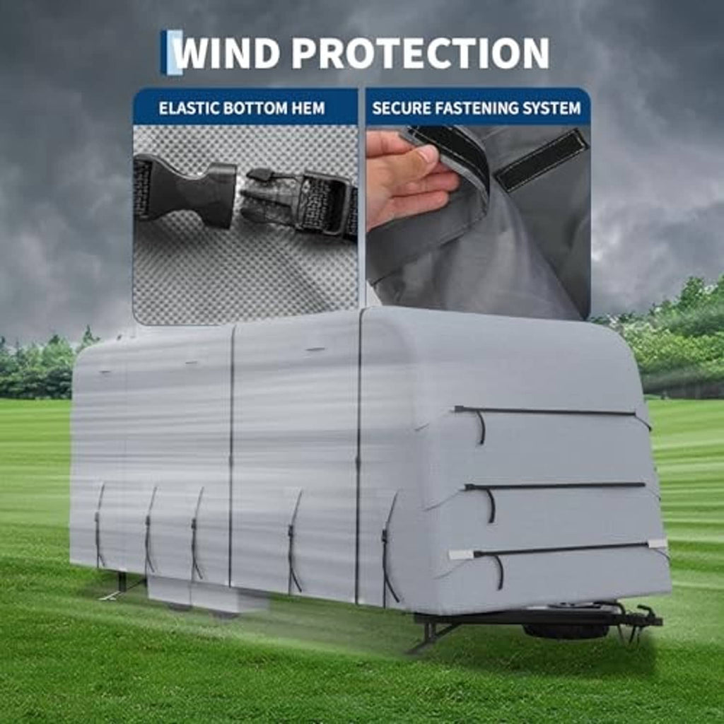 Grey RV cover with elastic bottom hem and secure fastening system for wind protection
