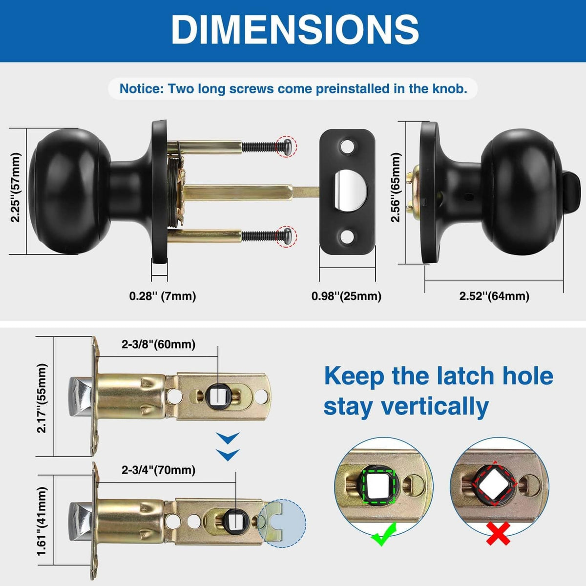 Matte black privacy door knob with mounting plate and long screws (diagram)