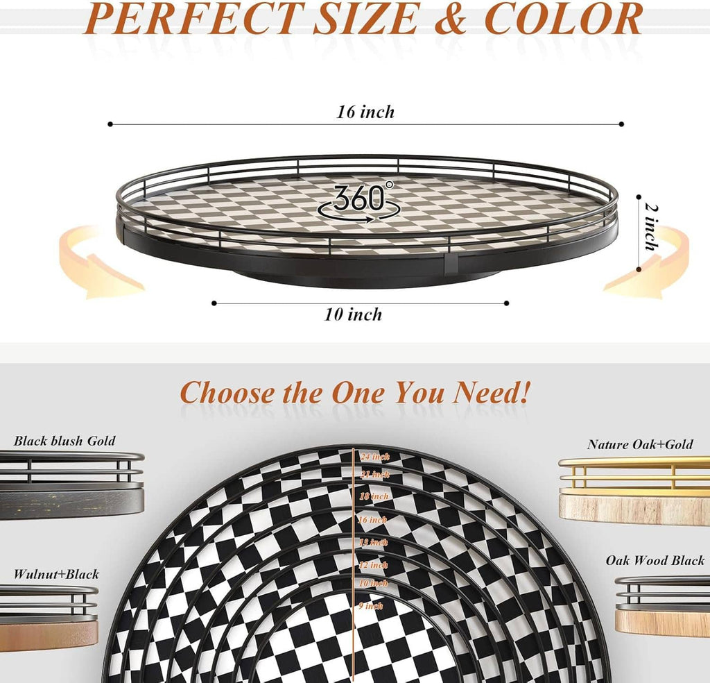 16-inch round black lazy susan turntable with checkered surface, size and color options