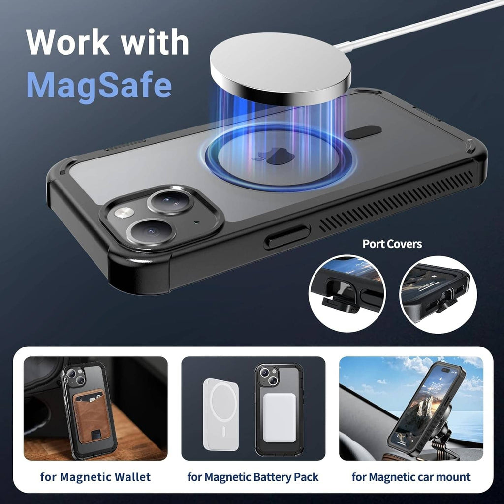 Black MagSafe phone case with port covers and raised sides around camera module