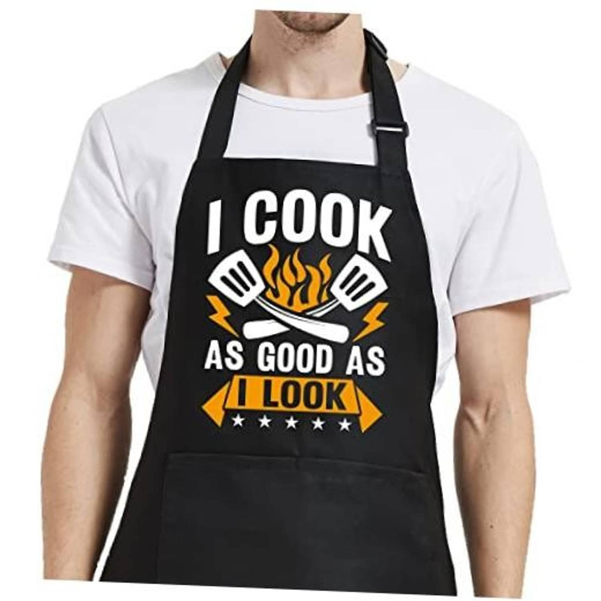 Black cooking apron with adjustable straps and “I COOK AS GOOD AS I LOOK” graphic
