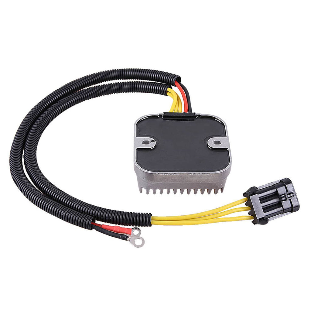Voltage regulator rectifier with black cover, pin terminals, and black braided cable harness