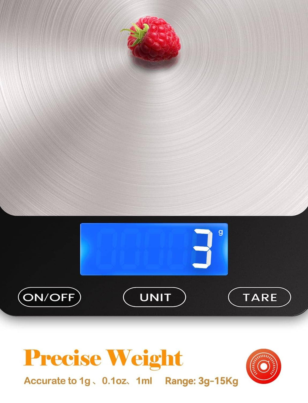Digital food scale with stainless platform and raspberry on top, blue weight display.