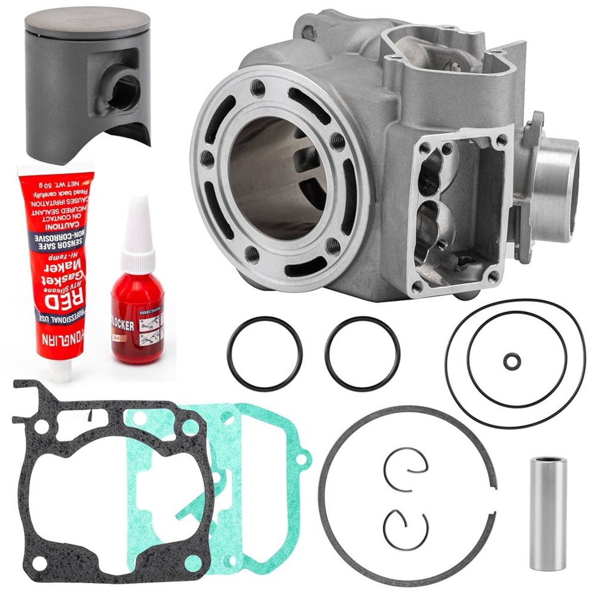 Cylinder and piston kit components set: cylinder block, piston, rings, and gasket pack