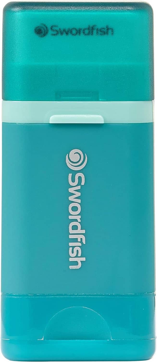 Turquoise Swordfish combo pencil sharpener with white center strip and closed lid