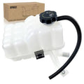 Engine coolant expansion reservoir tank with black cap and connected hoses
