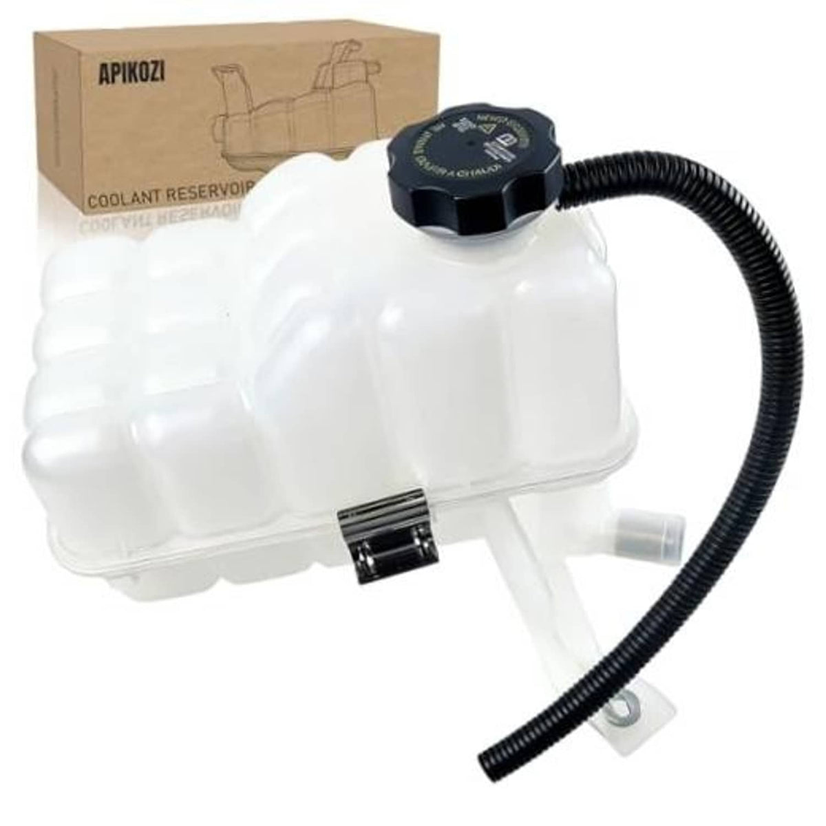 Engine coolant expansion reservoir tank with black cap and connected hoses