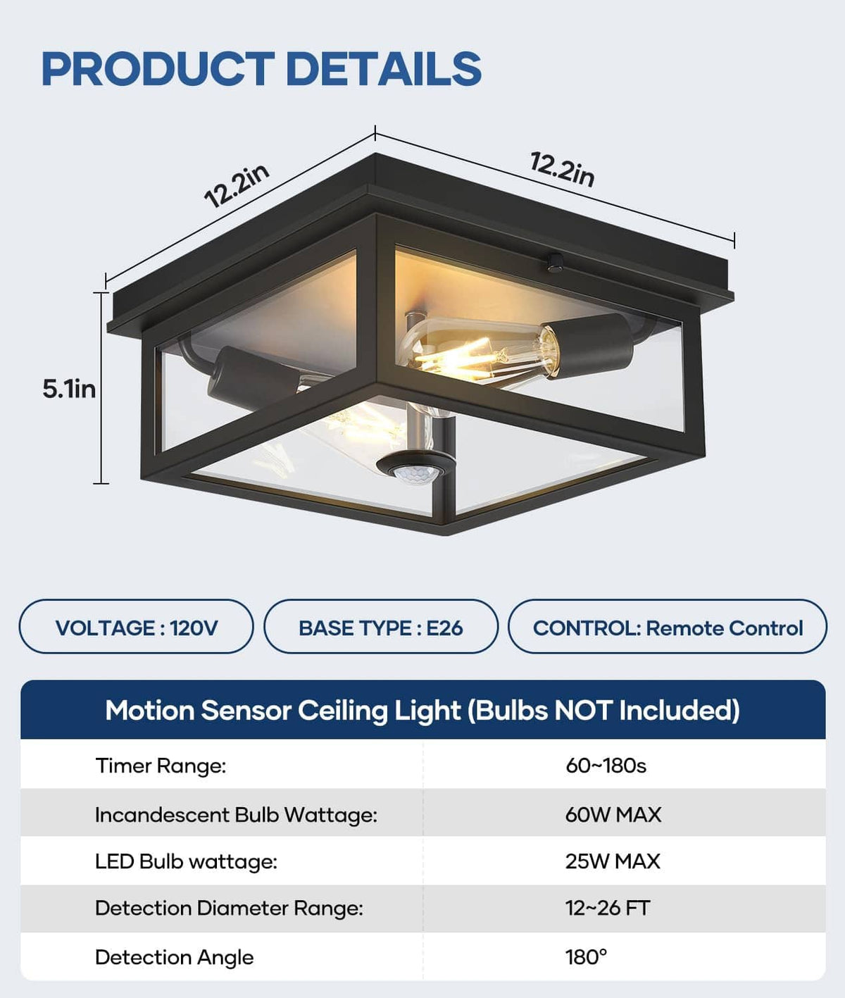 Black motion-sensor flush-mount ceiling light, remote control, size details shown.