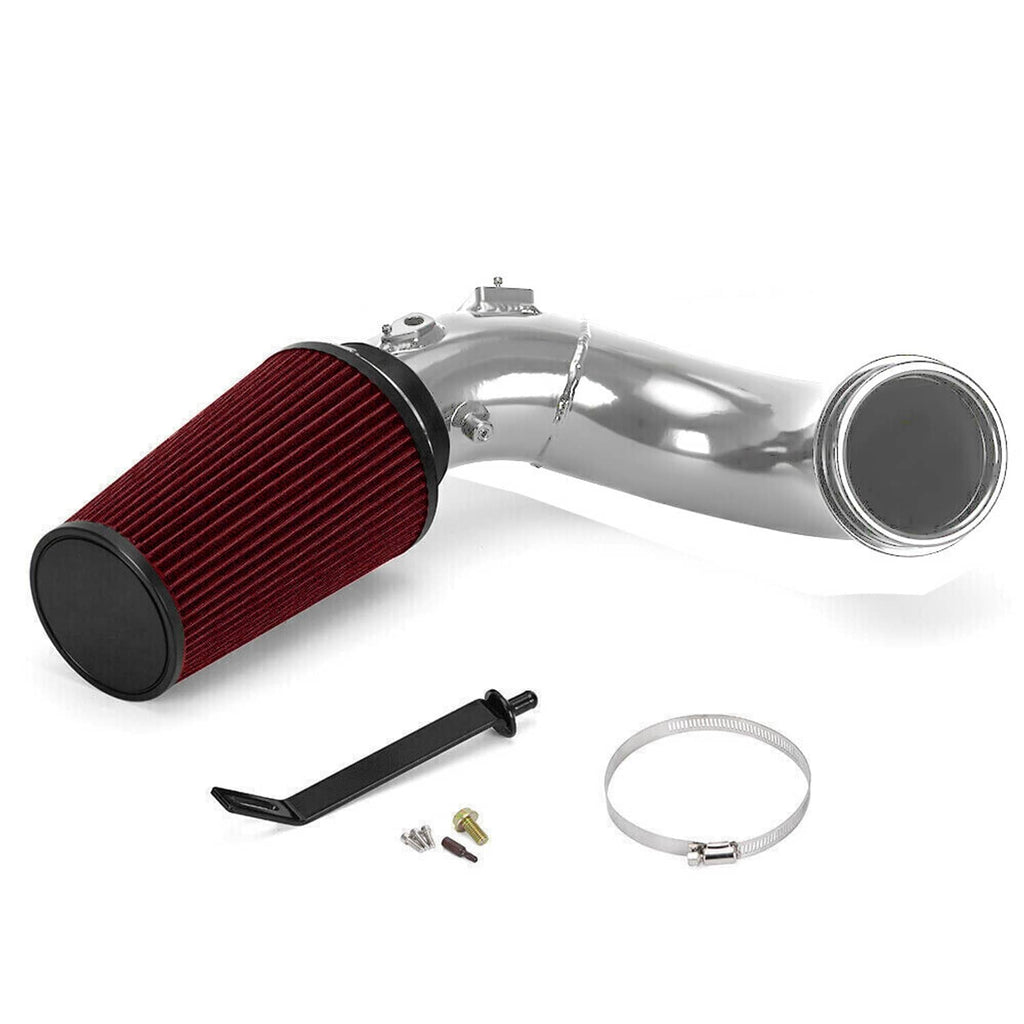 Chrome cold air intake pipe with red oiled air filter and mounting clamp kit