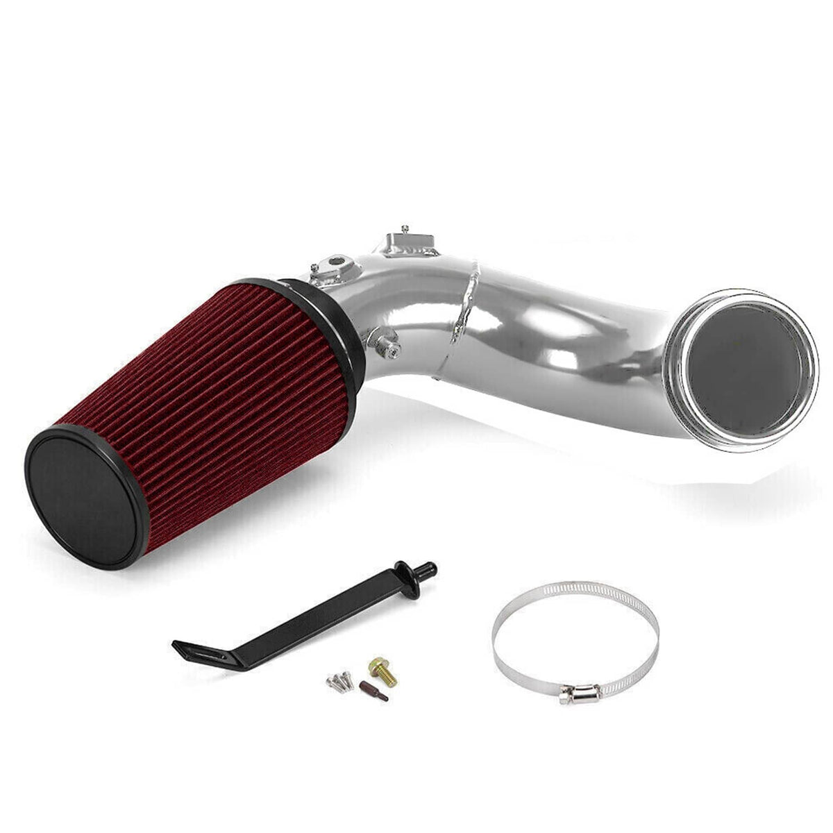 Chrome cold air intake pipe with red oiled air filter and mounting clamp kit