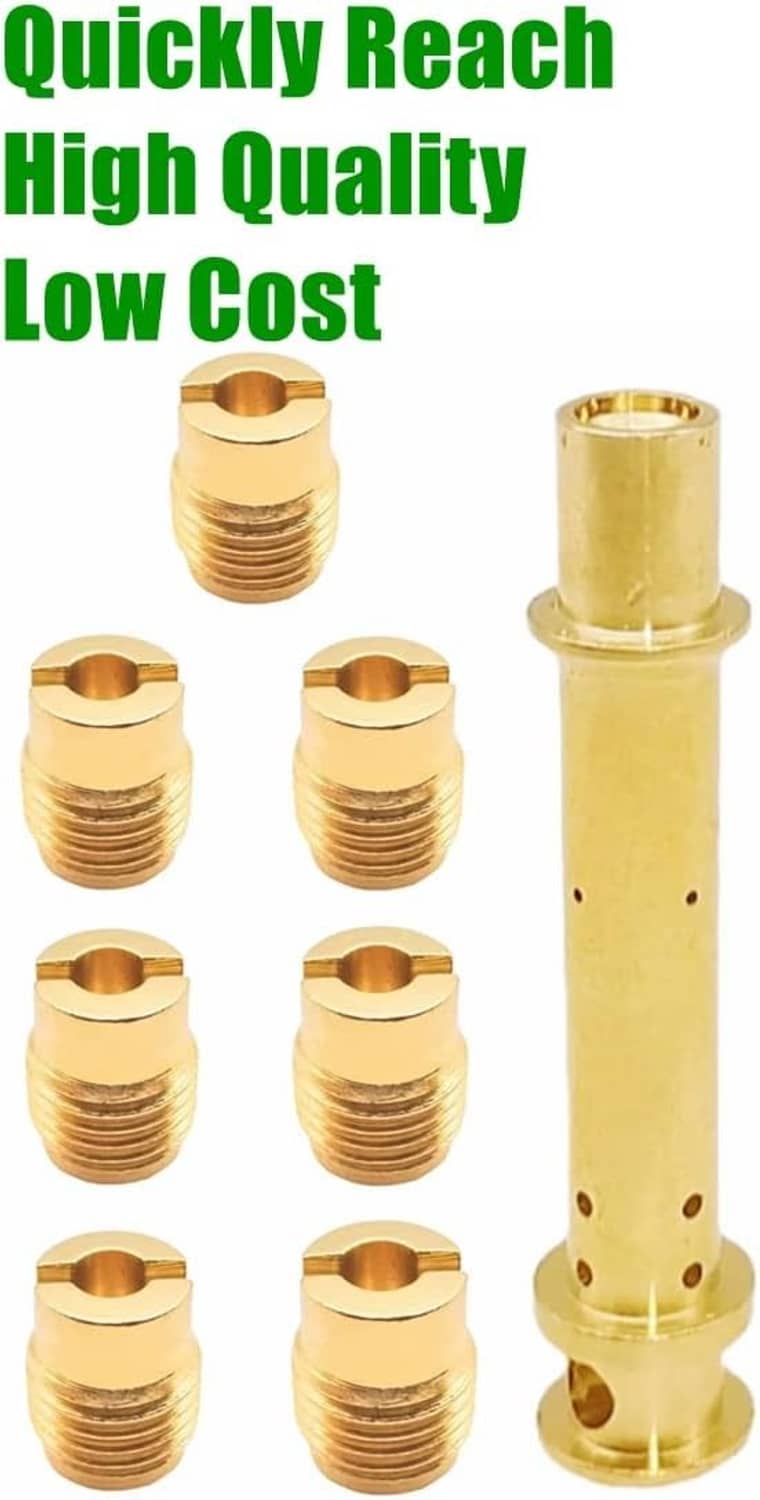 Brass carburetor jet kit with multiple main jets and a tall emulsion tube, threaded fittings