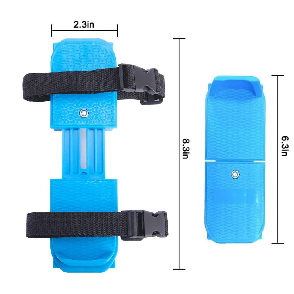 Blue adjustable toddler ice skate with black straps, side view with length guide