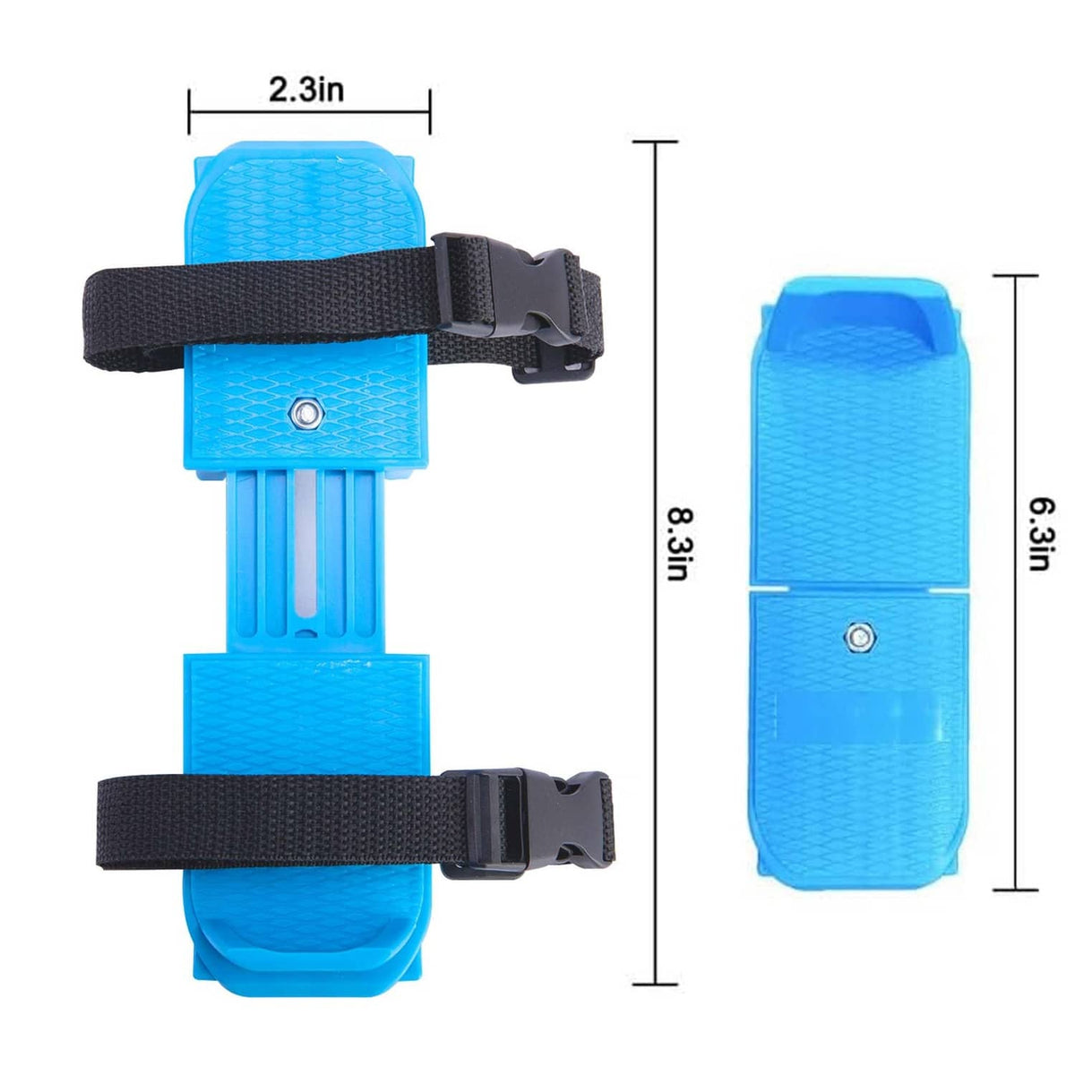 Blue adjustable toddler ice skate with black straps, side view with length guide