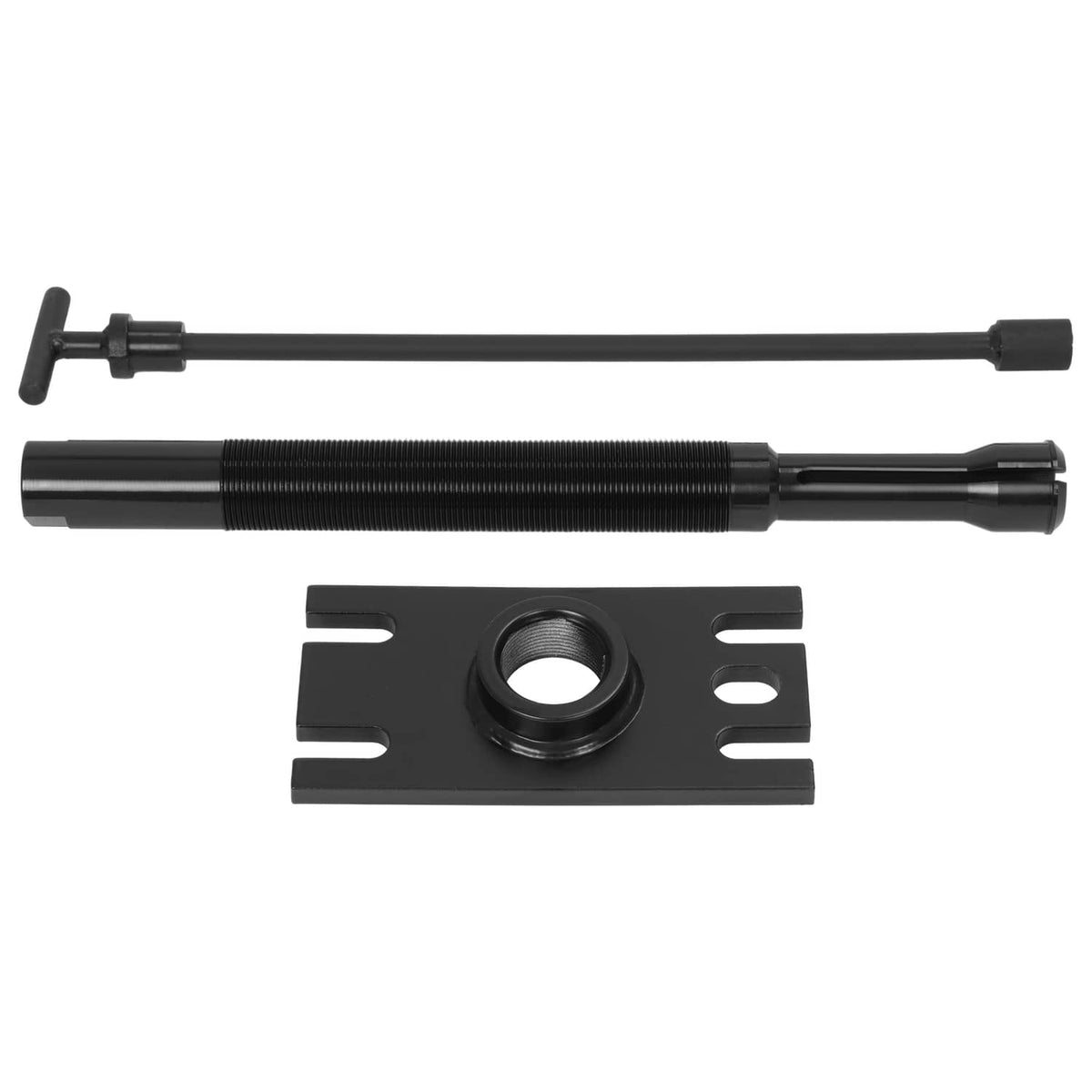 Black bearing puller alignment tool set with long rod, threaded puller rod, and base plate