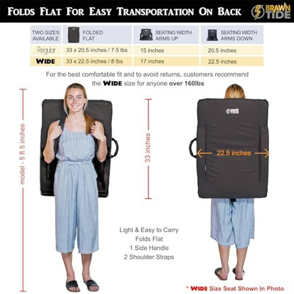 Wide black stadium seats folded flat with side carry handle and shoulder straps