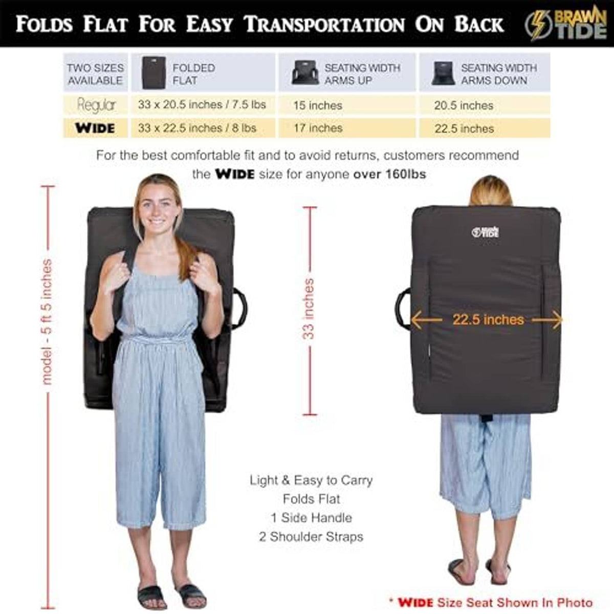 Wide black stadium seats folded flat with side carry handle and shoulder straps