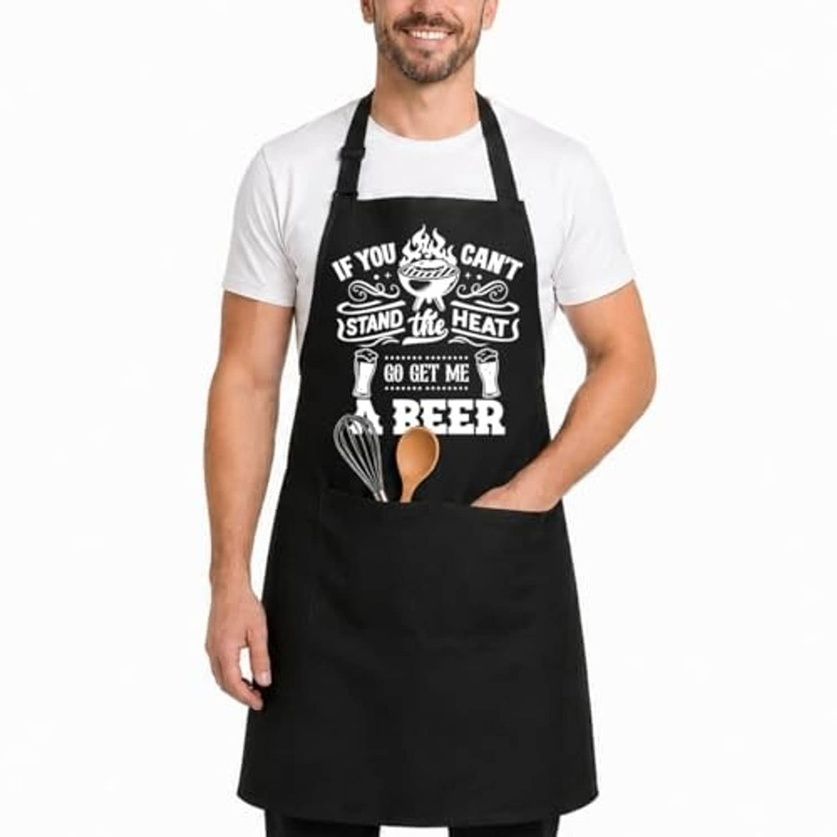 Black waterproof BBQ apron with beer logo and dual front pockets; adjustable neck straps.