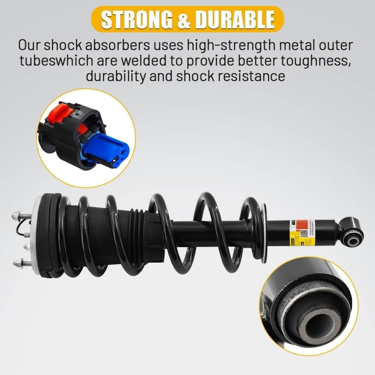 Black shock absorber strut with coil spring and electrical connector detail