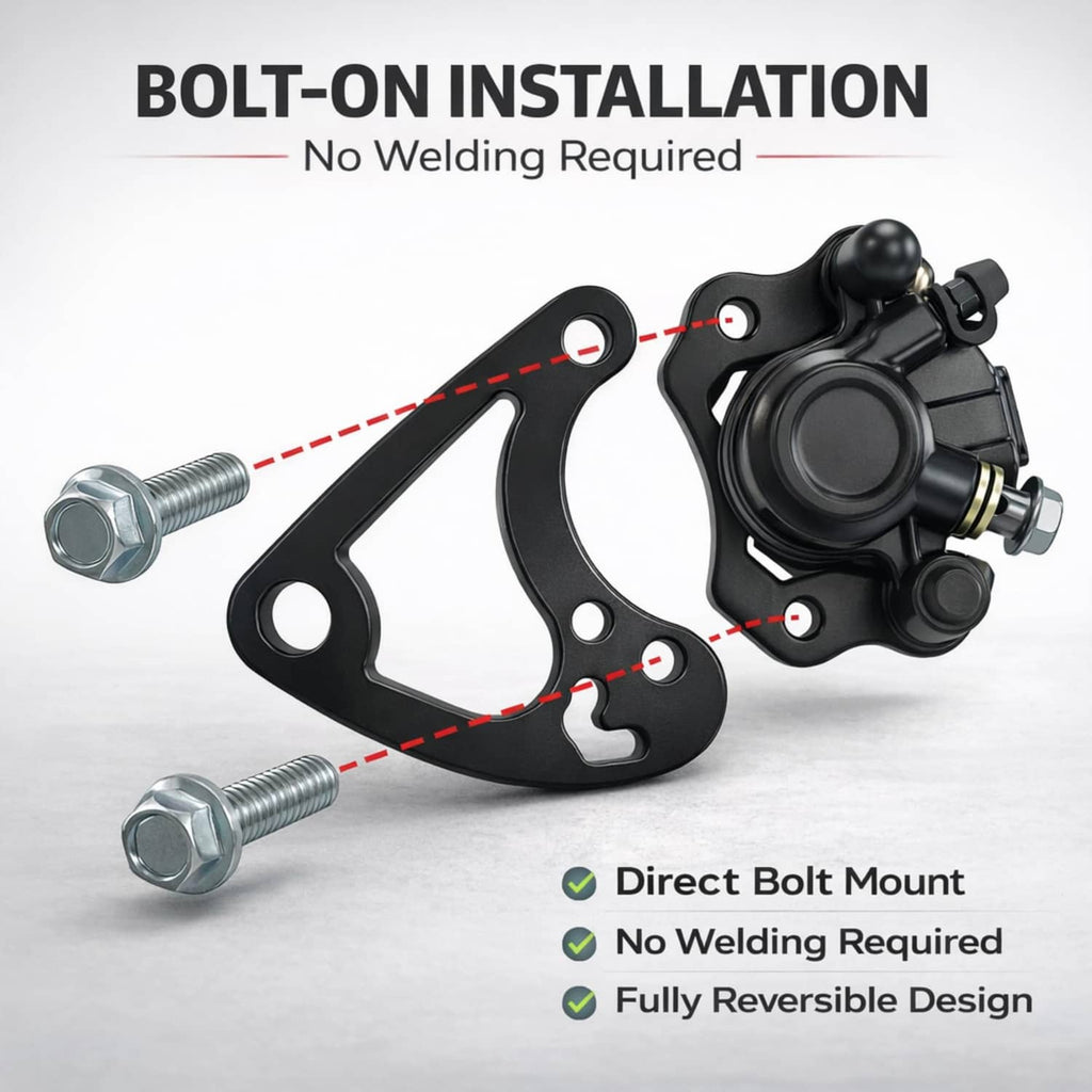 Hydraulic caliper bracket with bolt-on installation hardware, no welding required