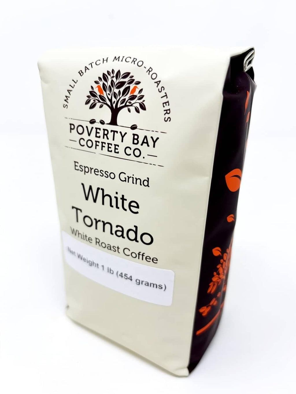 Poverty Bay Coffee Co. White Tornado espresso grind coffee bag with label
