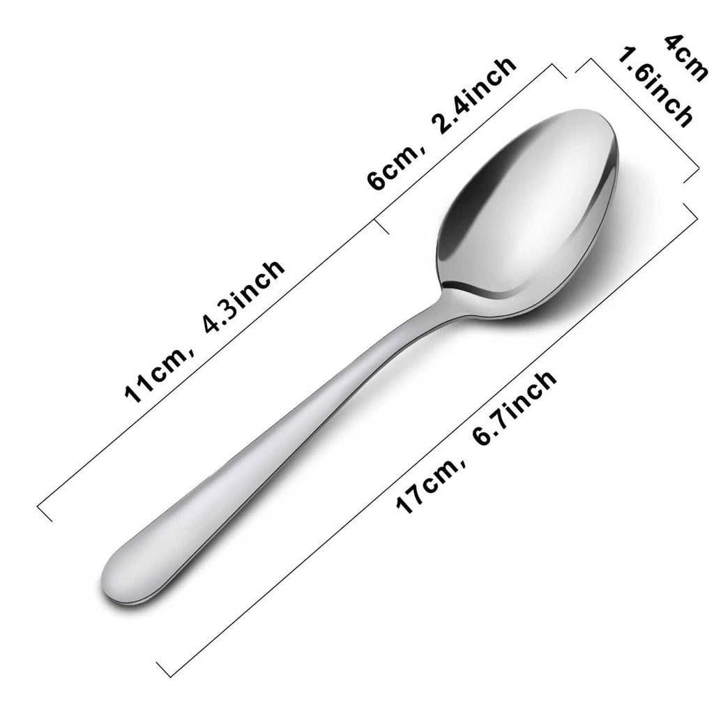 Funnydin stainless dinner spoon, polished silver, 6.7 in long with size diagram