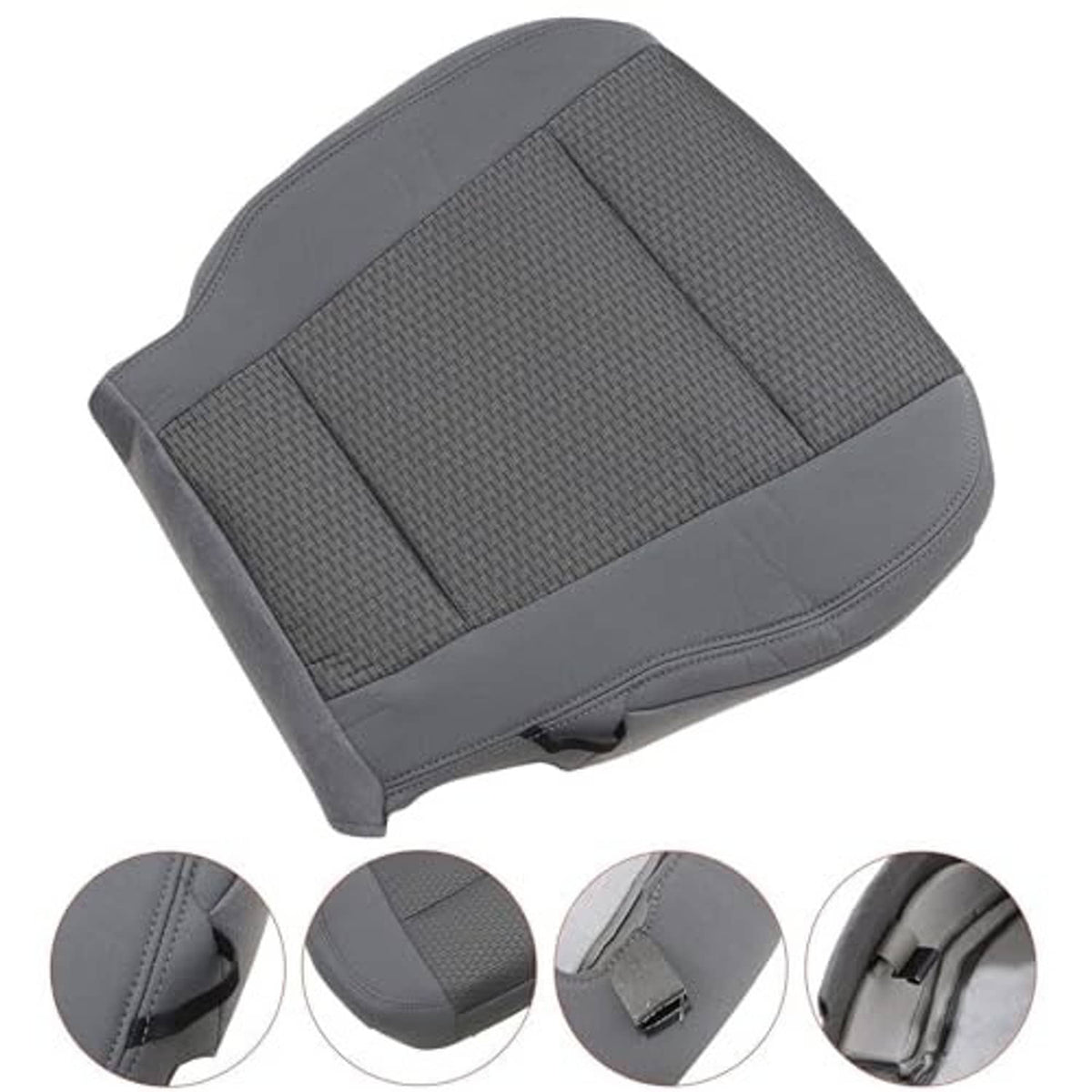 Gray cloth front driver seat bottom cover with corner stitching and elastic band