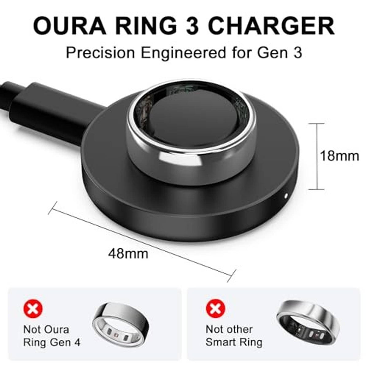 Black charging dock with circular base and central ring cradle, cable included