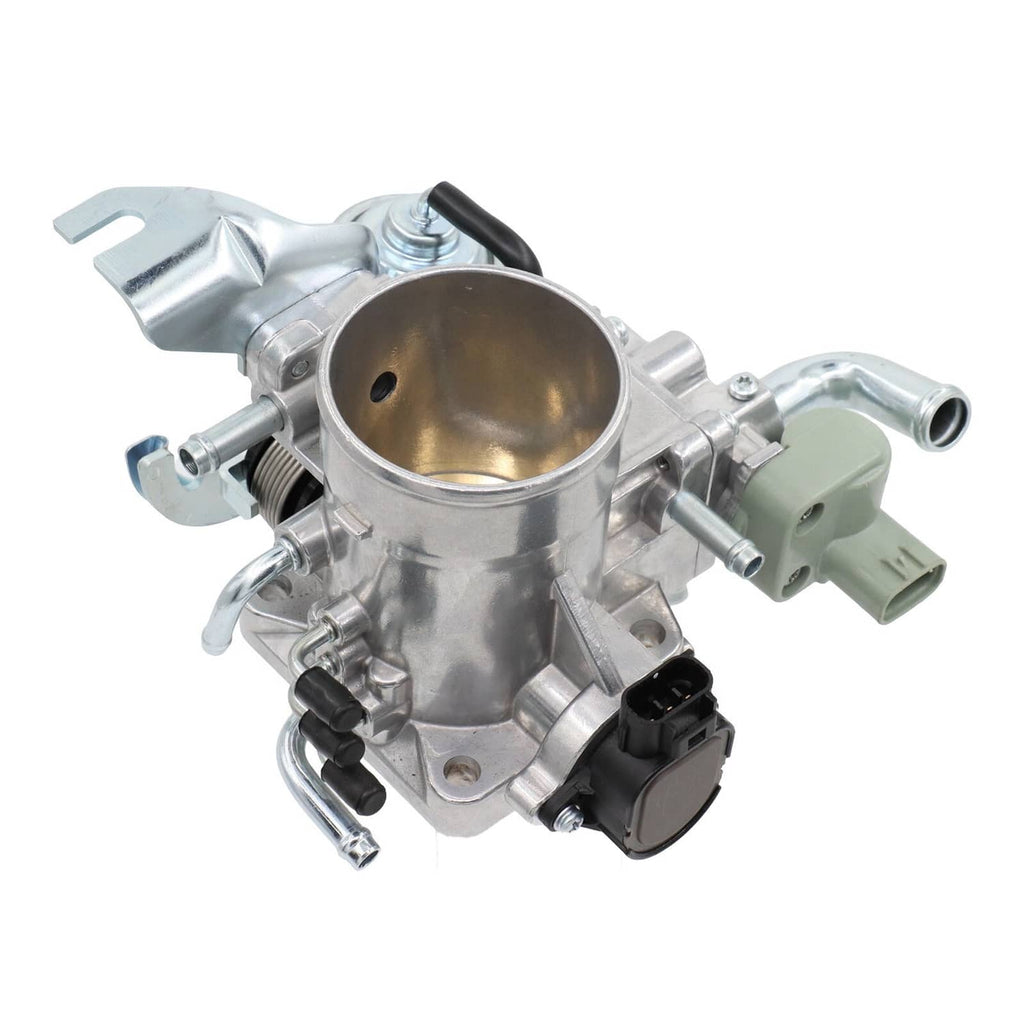 Throttle body valve assembly with circular bore and two black electrical plugs
