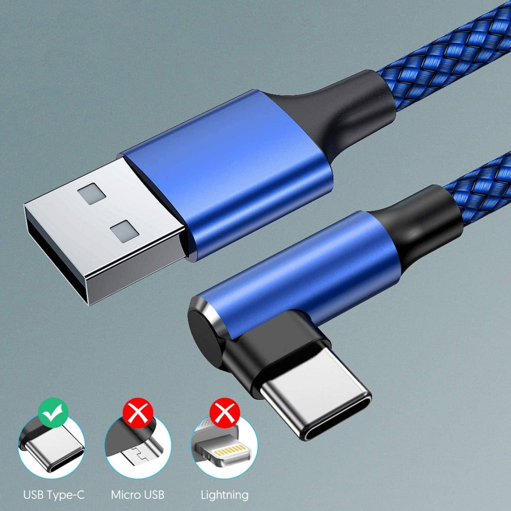 USB-A to USB-C right-angle cable with blue metal connector ends and braided sleeve