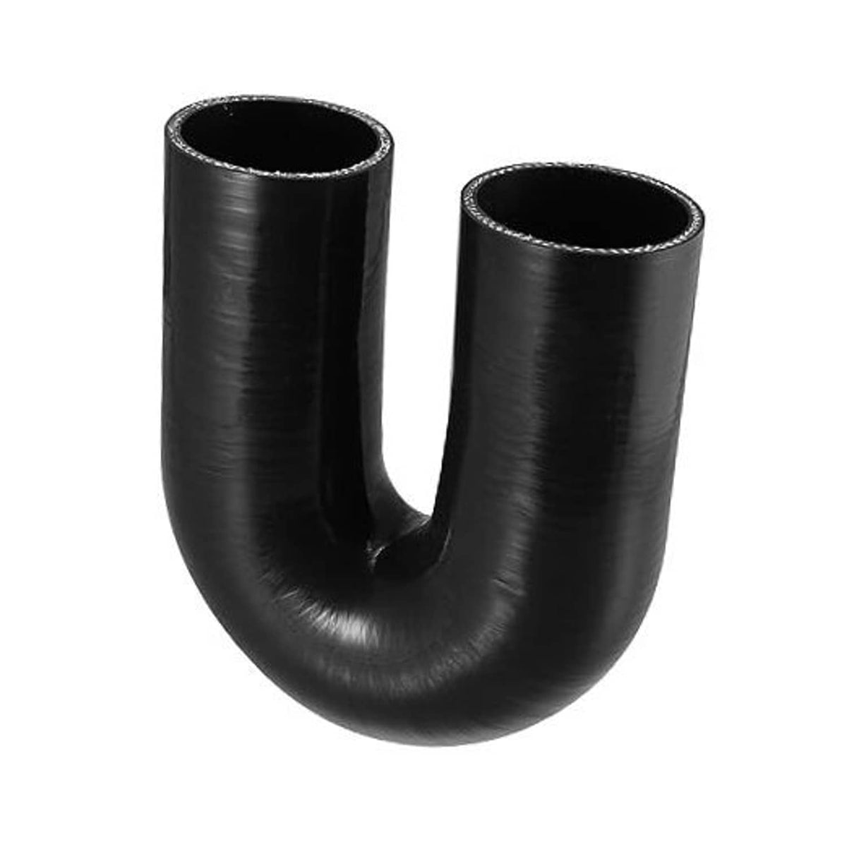 Black 180-degree silicone hose reducer, U-shaped coupler with two open ends.