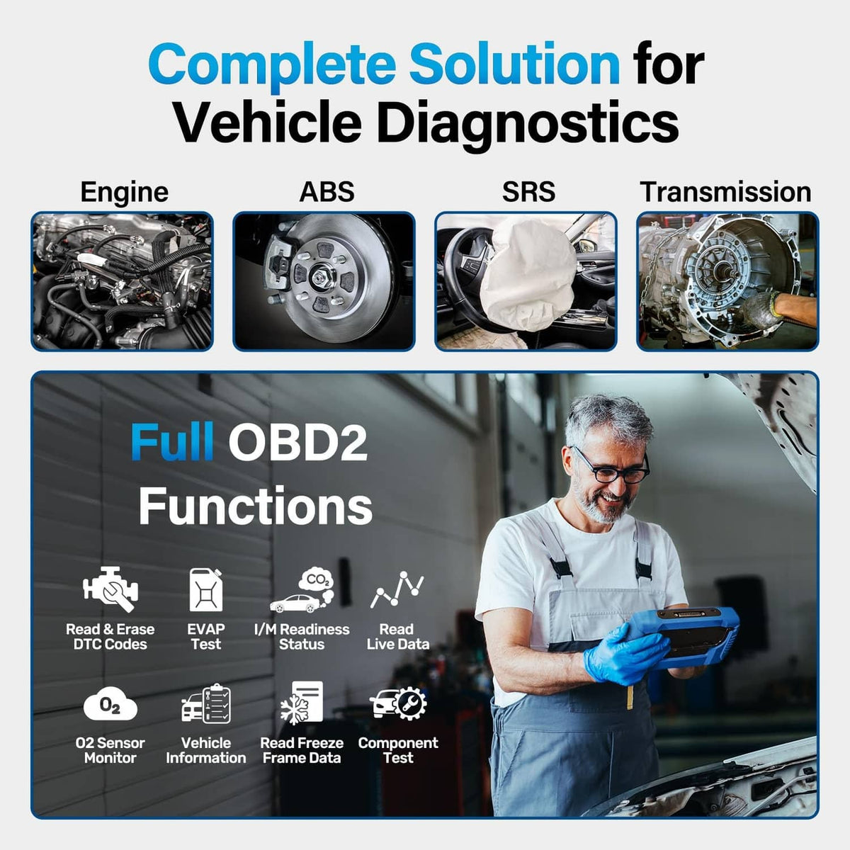 OBD2 scanner vehicle diagnostics feature infographic for engine, ABS, SRS, transmission