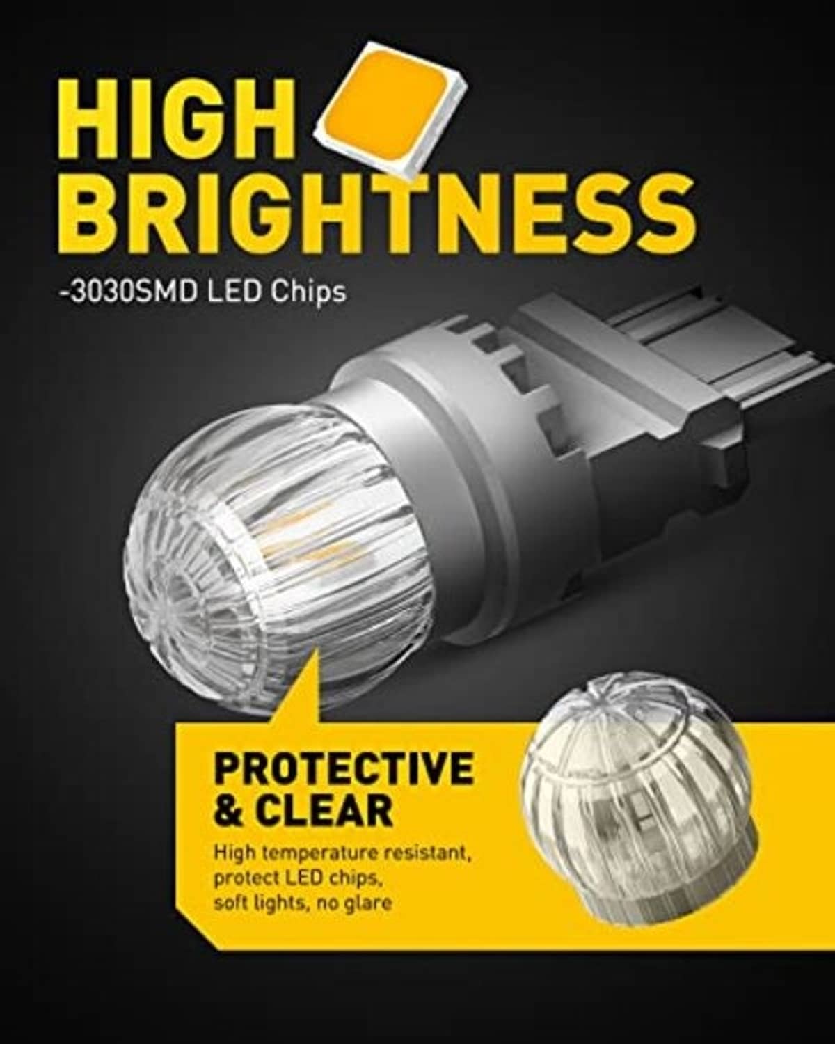 Amber LED turn signal bulb with clear protective dome and high-brightness LEDs