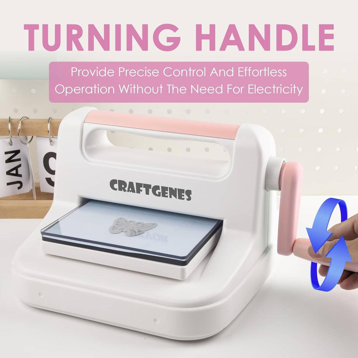 Die cutting and embossing machine with turning handle, white and pink, CRAFTGENES