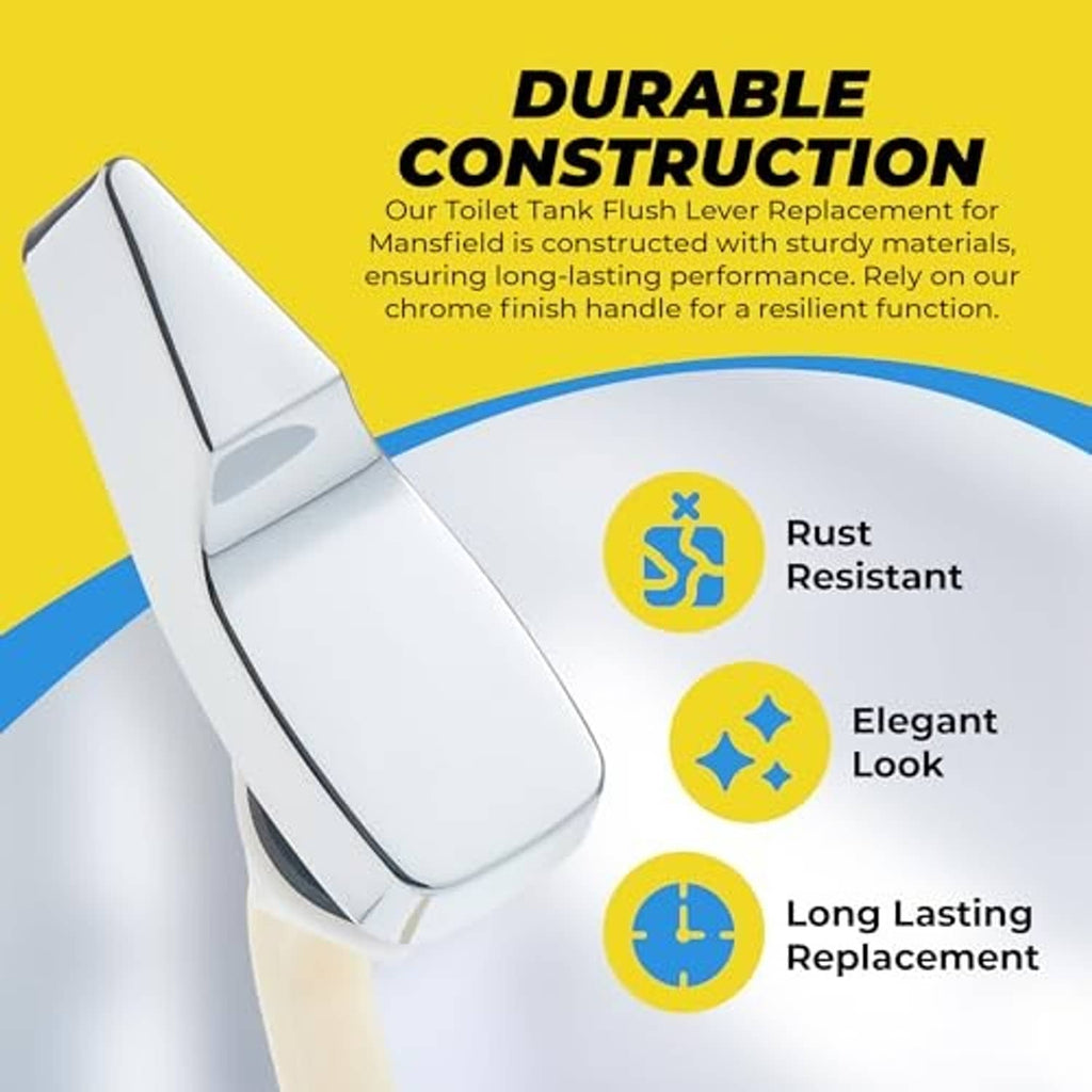 Chrome flush lever on a toilet tank with durable construction icons