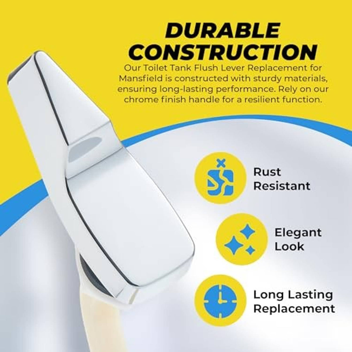 Chrome flush lever on a toilet tank with durable construction icons