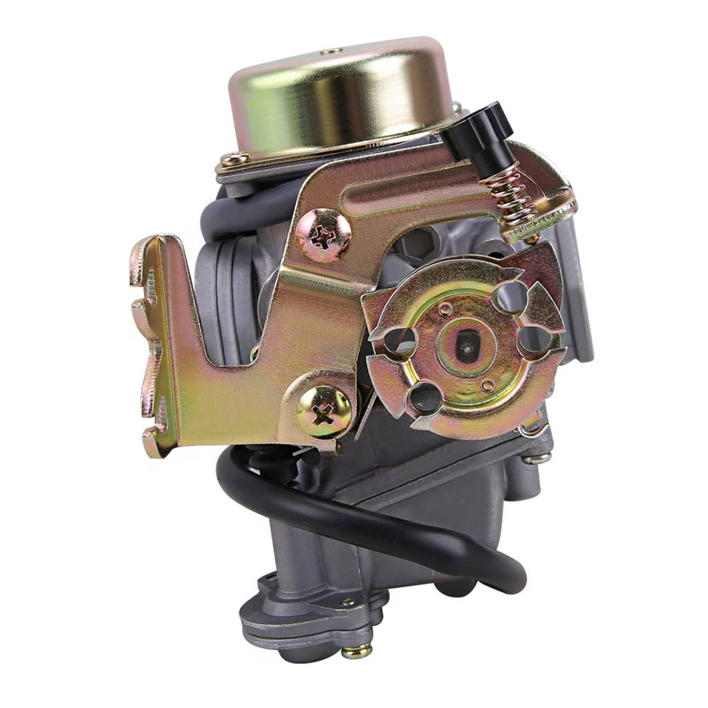 Carburetor side view with gold and rainbow-toned metal plates, gray body, black intake hose