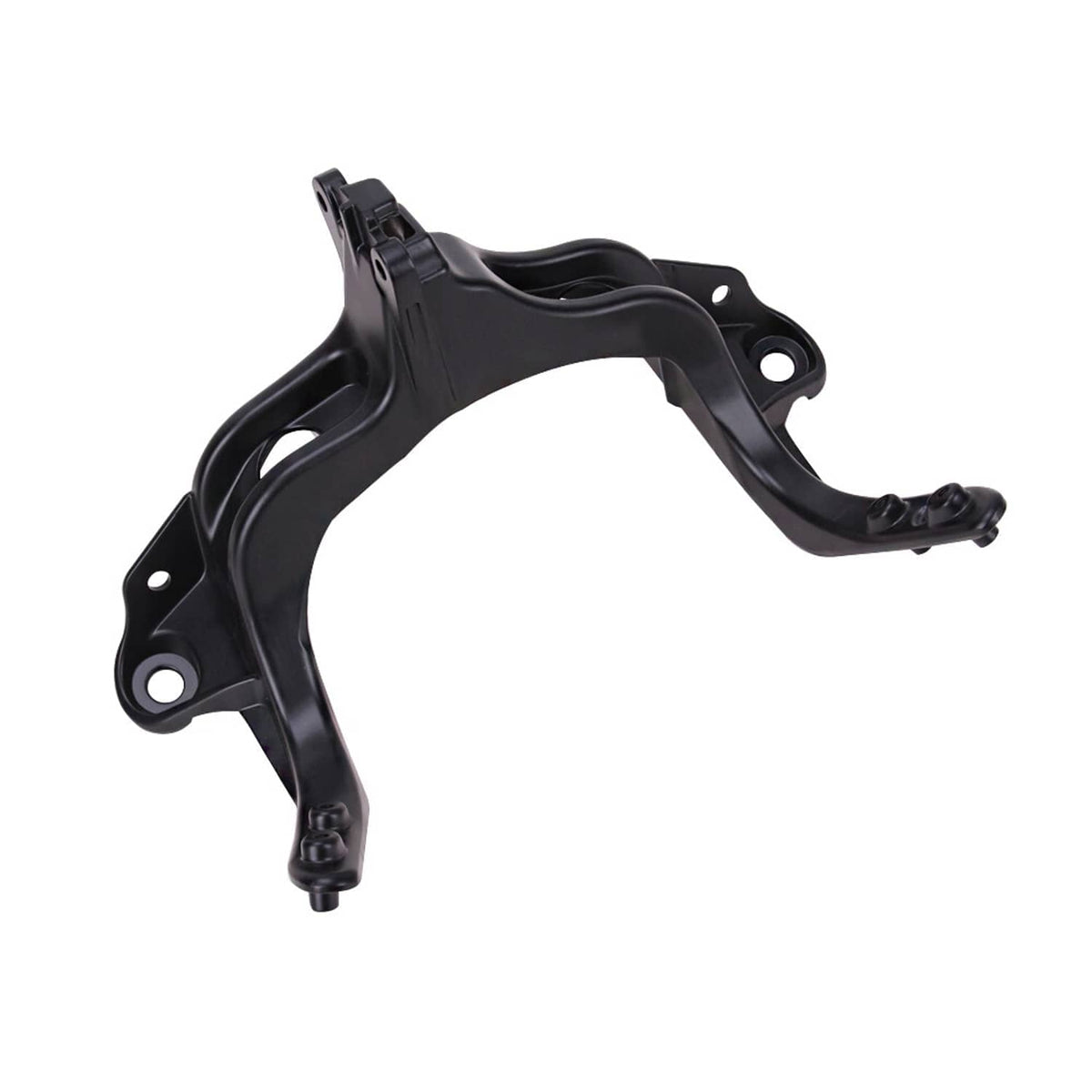 Black front headlight upper fairing stay bracket with mounting holes and tabs