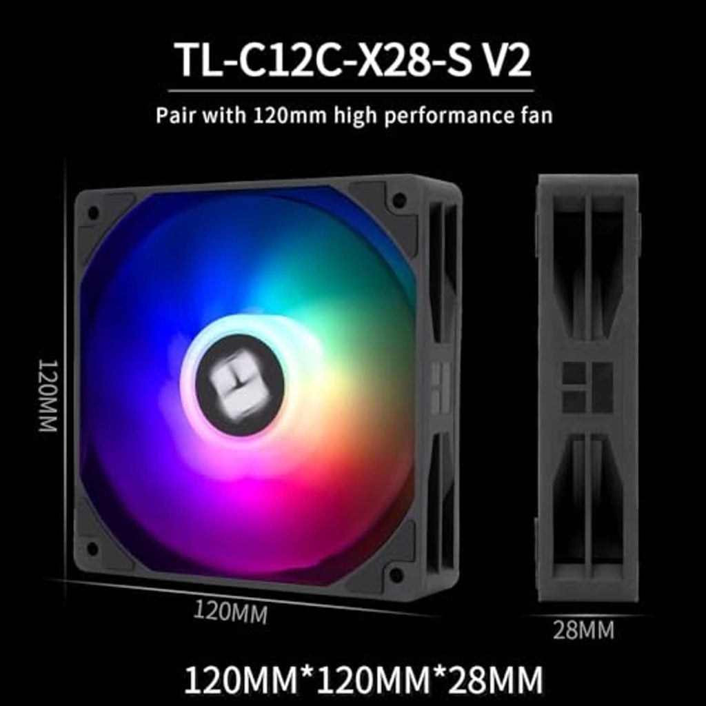 Black 120mm CPU cooler ARGB fan with rainbow glow and fin bracket mounts