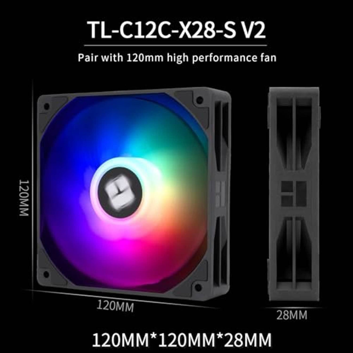 Black 120mm CPU cooler ARGB fan with rainbow glow and fin bracket mounts