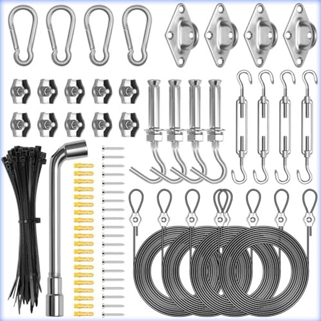 Sun shade sail hardware kit assortment with eye bolts, cable sleeves, and snap hooks