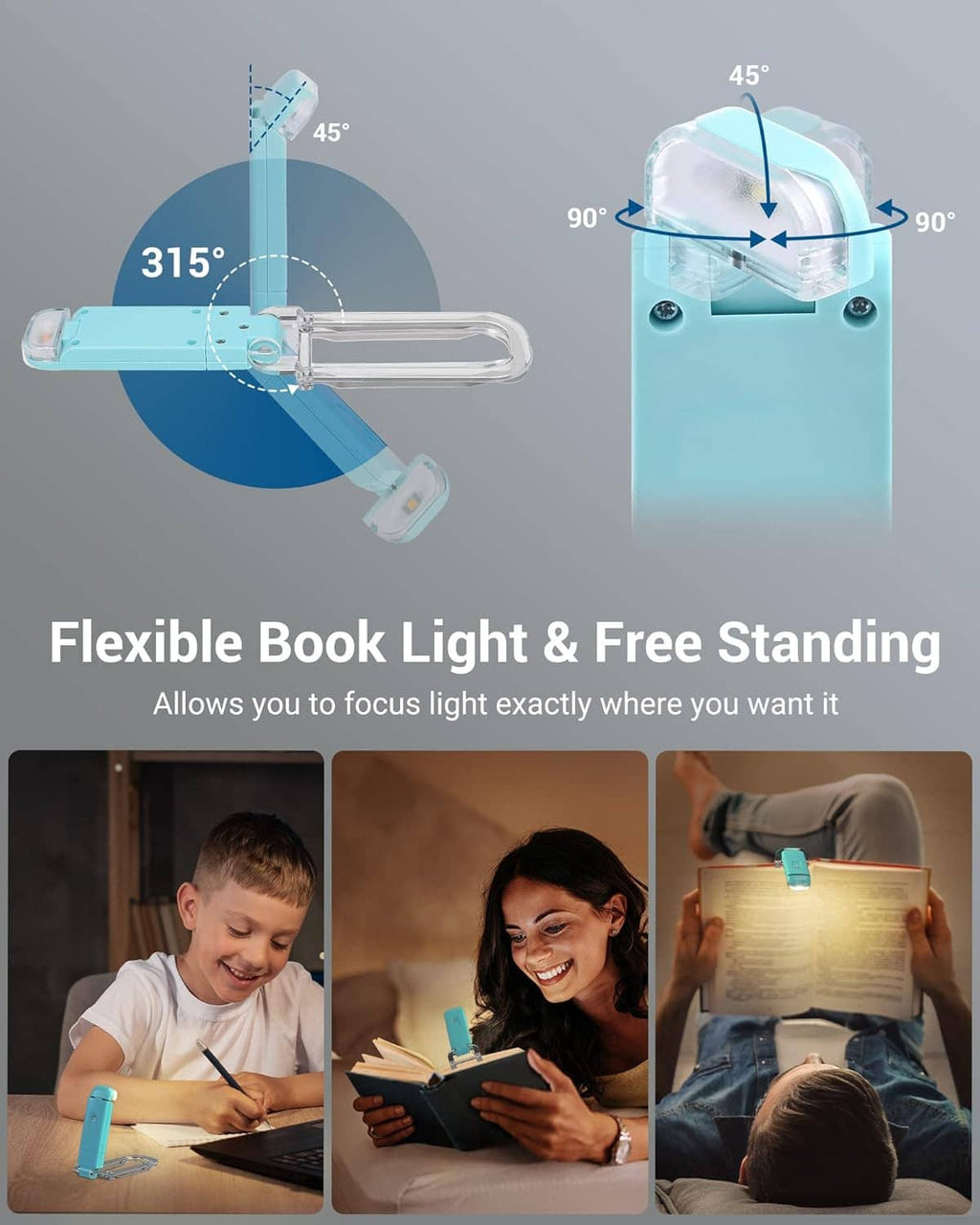 Turquoise adjustable book light with clamp, flexible head for aiming at pages.