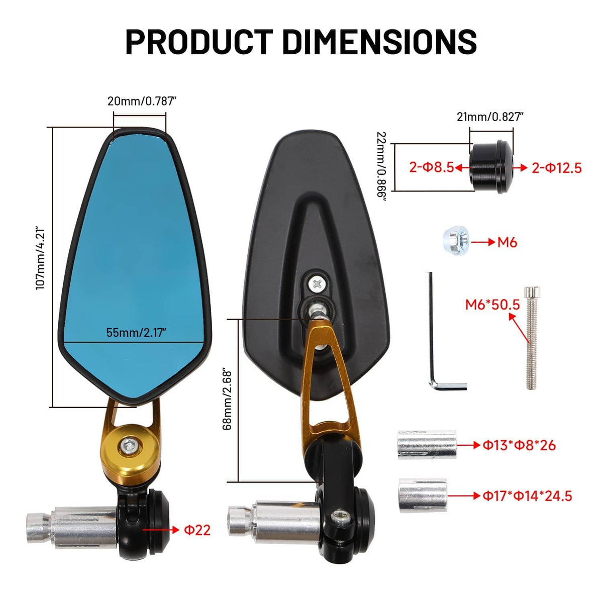 Motorcycle handlebar end mirrors dimensions, blue lenses with black housings and gold mounts