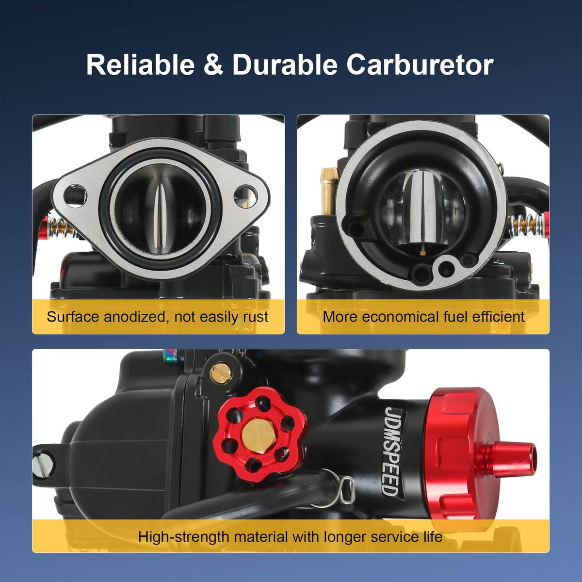 Black carburetor with red throttle cap and visible adjustment knob on housing