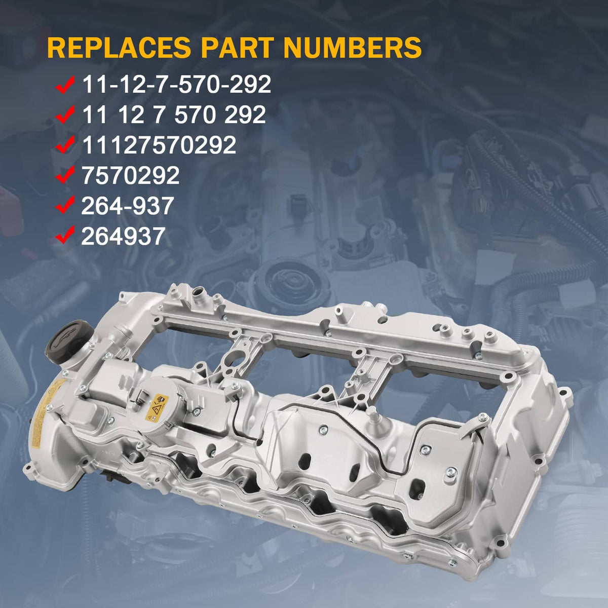 Light gray aluminum engine valve cover with oil cap and PCV opening